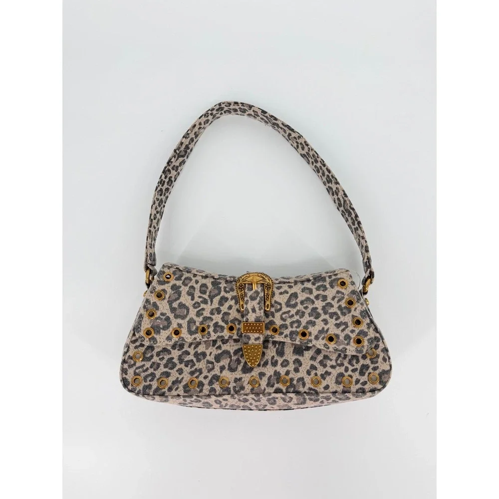 Betsey Johnson Leopard Print Baguette Shoulder Bag Grommet Western Buckle Tan